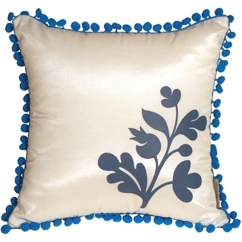 Pillow Decor Bohemian Blossom 12x12 Blue White Throw Pillow Pom Pom Fringe Image 1