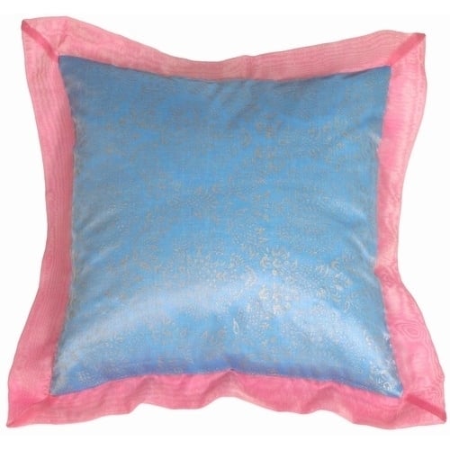 Pillow Decor Bohemian Blue Silk Throw Pillow 16x16 with Pink Fringe Accents Image 1