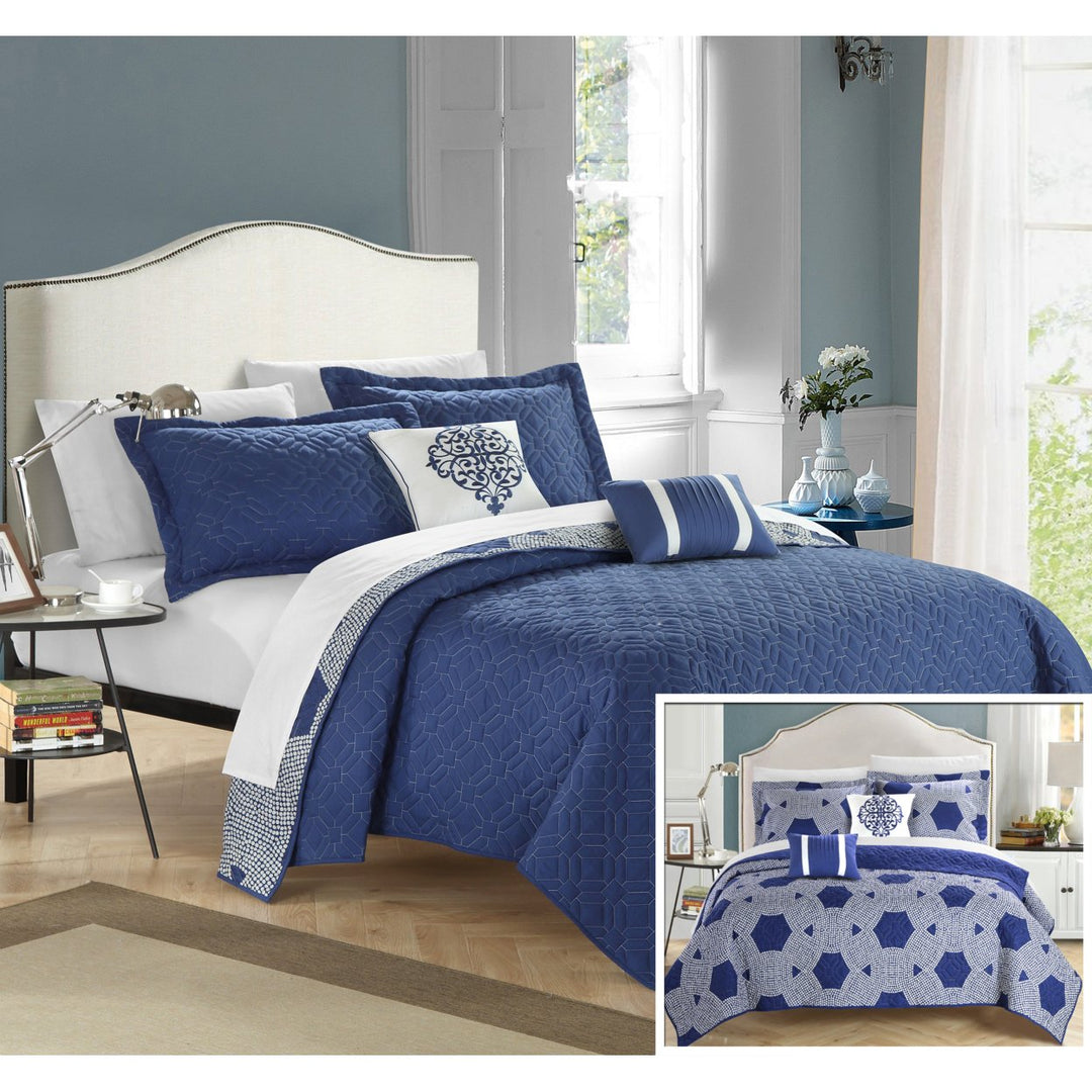 Chic Home 4/5 Piece Xanadu Hexagon Quilted Embroidered With Contemporary REVERSIBLE printed backside Quilt Set Image 1