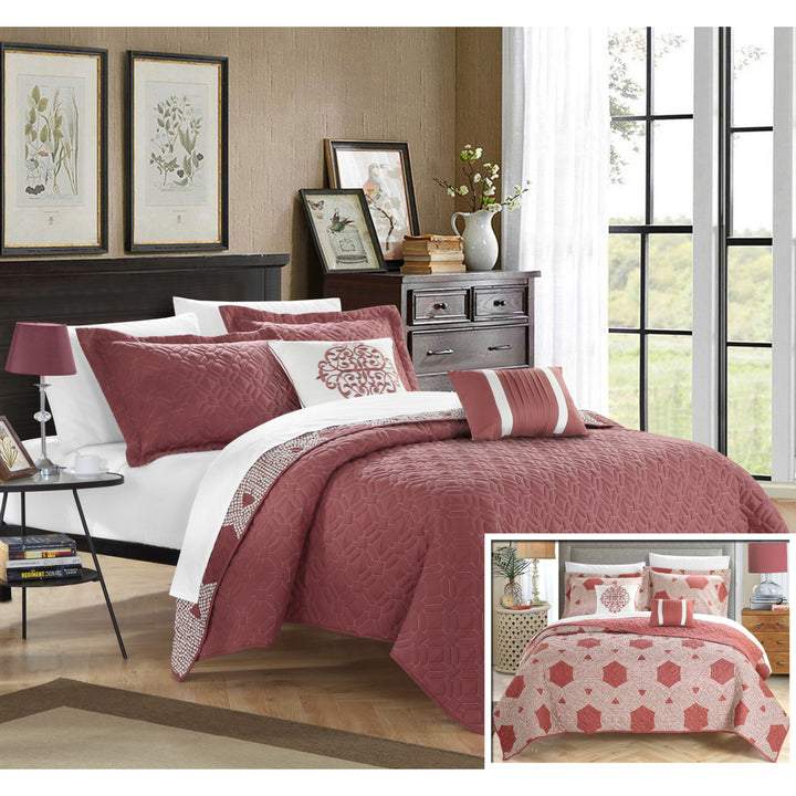 Chic Home 4/5 Piece Xanadu Hexagon Quilted Embroidered With Contemporary REVERSIBLE printed backside Quilt Set Image 3