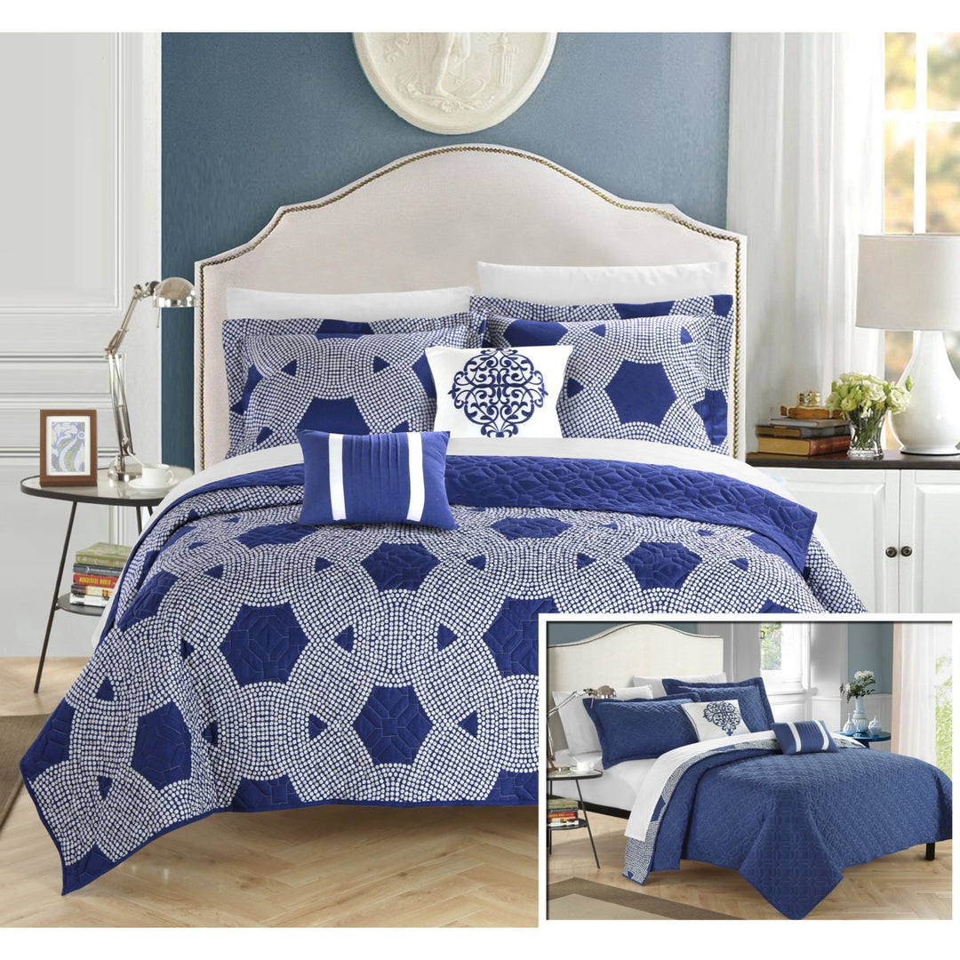 Chic Home 4/5 Piece Xanadu Hexagon Quilted Embroidered With Contemporary REVERSIBLE printed backside Quilt Set Image 4