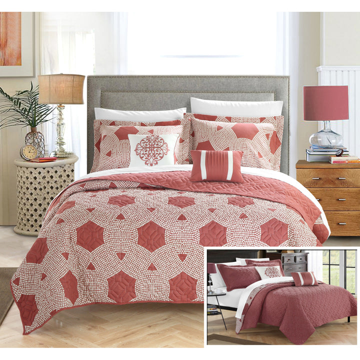 Chic Home 4/5 Piece Xanadu Hexagon Quilted Embroidered With Contemporary REVERSIBLE printed backside Quilt Set Image 6