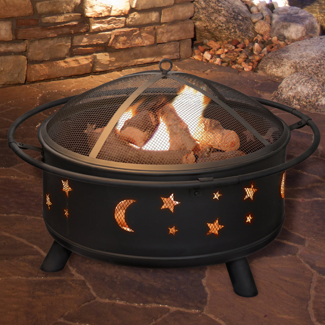Pure Garden 30 inch Round Star and Moon Fire Pit with Cover - Black Image 1