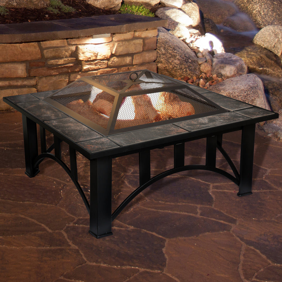 33 Inch Decorative Fire Pit Set with Tile Bowl Screen Poker Cover Outdoor Patio Image 1