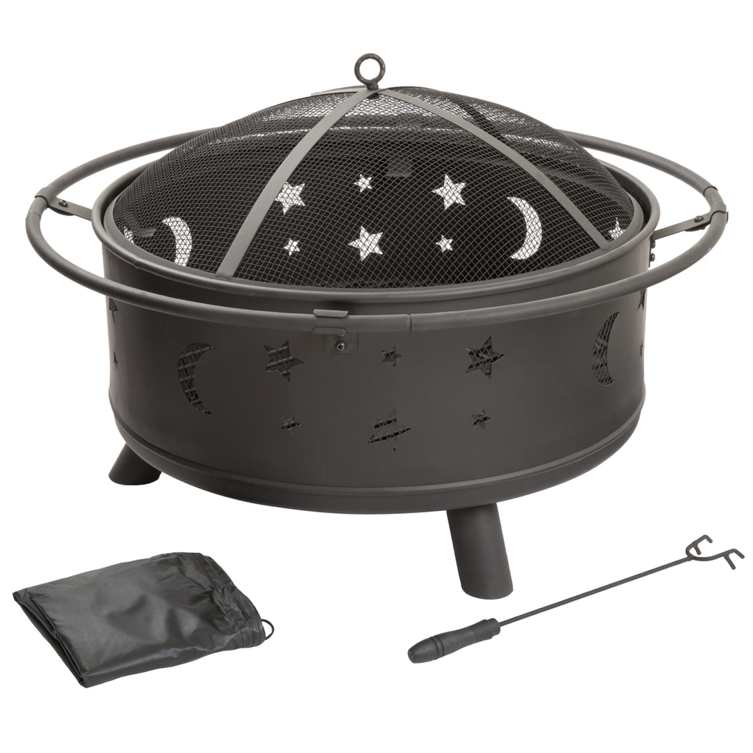 Pure Garden 30 inch Round Star and Moon Fire Pit with Cover - Black Image 2