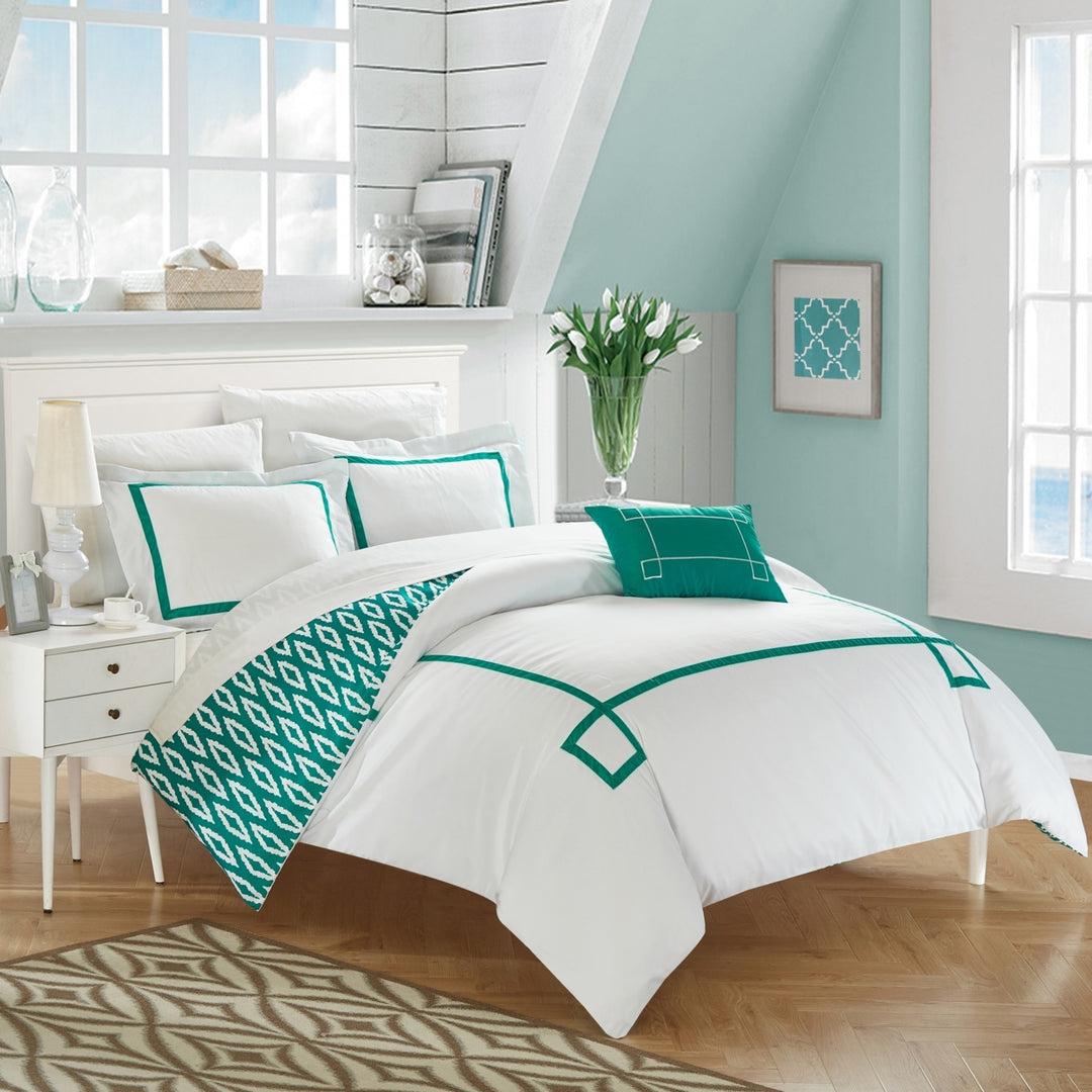 3/4 Piece Berwin Embroidered REVERSIBLE Duvet Cover Set with Shams and Decorative Pillows included Image 1