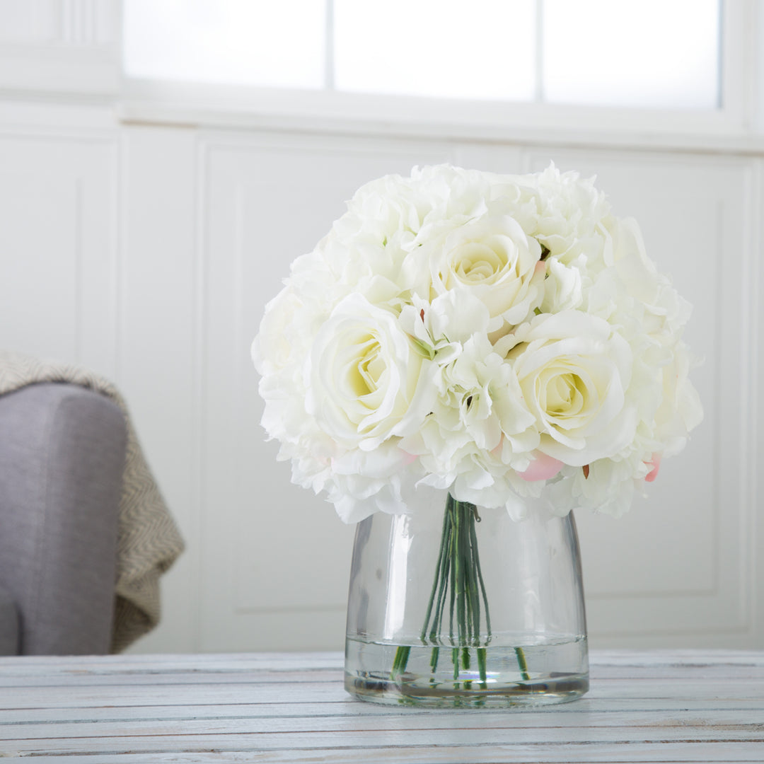 Pure Garden Hydrangea and Rose Floral Arrangement with Vase - Cream Image 1