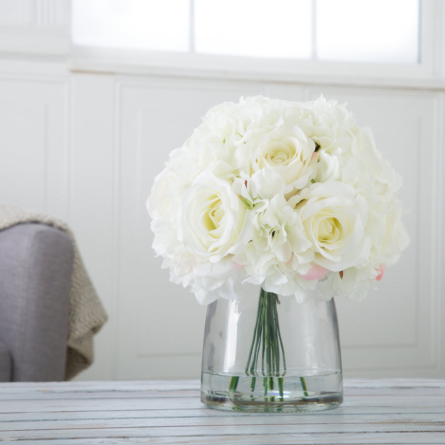 Pure Garden Hydrangea and Rose Floral Arrangement with Vase - Cream Image 1