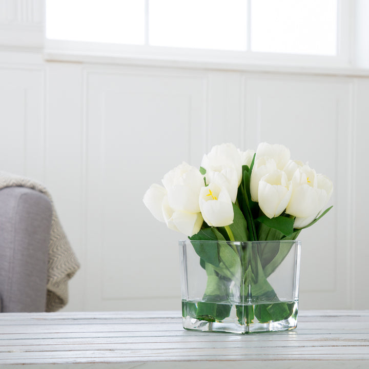 Pure Garden Tulip Floral Arrangement with Glass Vase - Cream Image 1