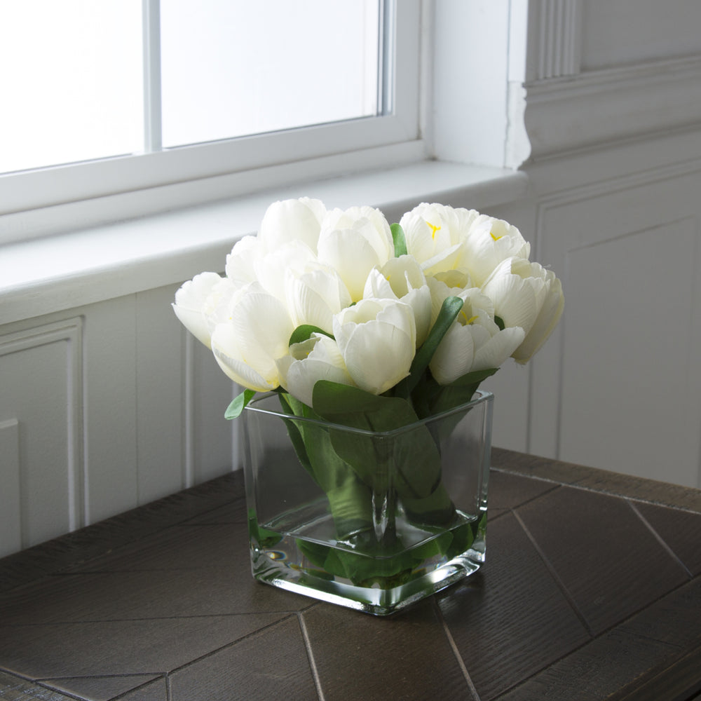 Pure Garden Tulip Floral Arrangement with Glass Vase - Cream Image 2