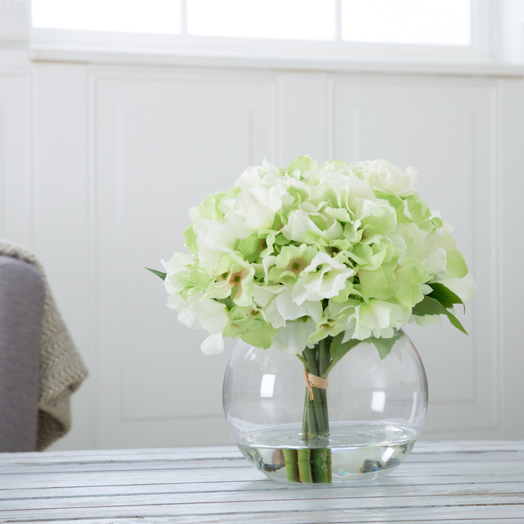 Pure Garden Hydrangea Floral Arrangement with Glass Vase - Green Image 1
