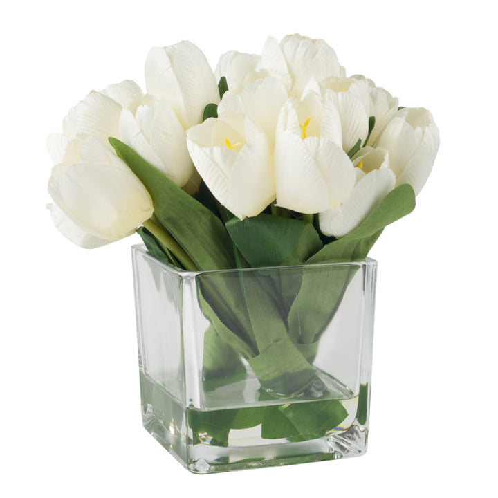 Pure Garden Tulip Floral Arrangement with Glass Vase - Cream Image 3