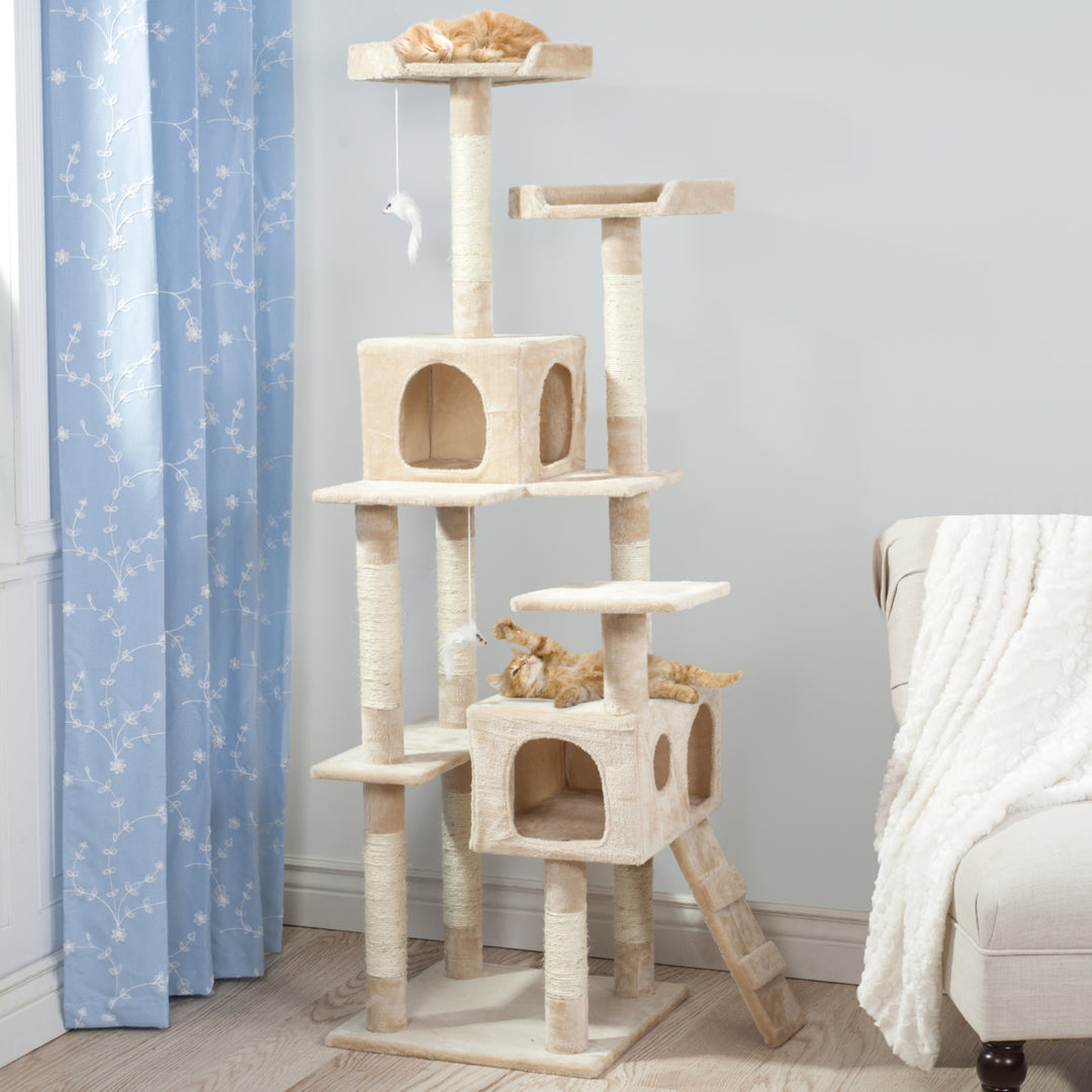 PETMAKER Skyscraper Cat Tree 5.5ft Beige 4 Sleeping Areas Sisal Rope 2 Toys Image 1