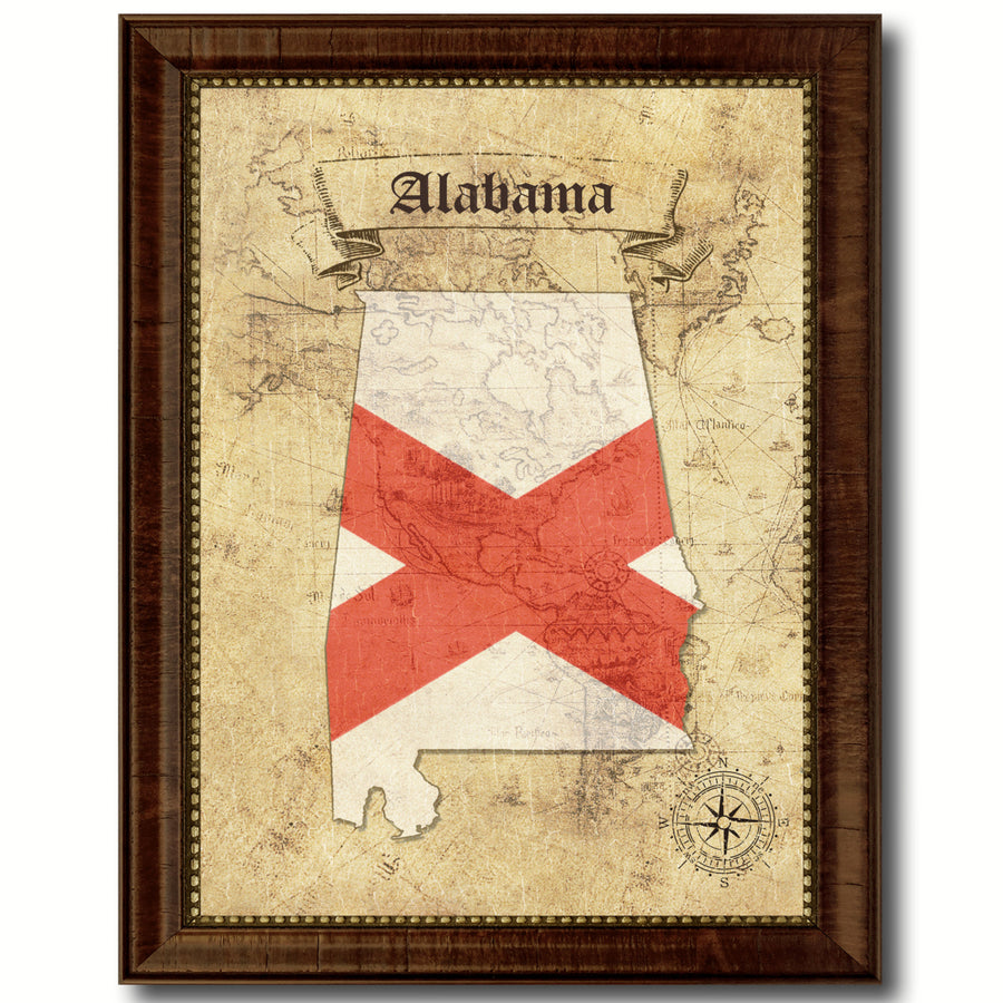 Alabama State Flag  Vintage Map Canvas Print with Picture Frame  Wall Art Decoration Gift Ideas Image 1