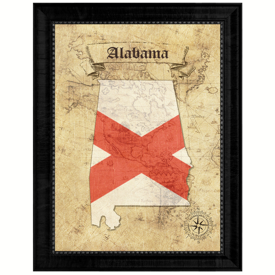 Alabama State Flag  Vintage Map Canvas Print with Picture Frame  Wall Art Decoration Gift Ideas Image 1