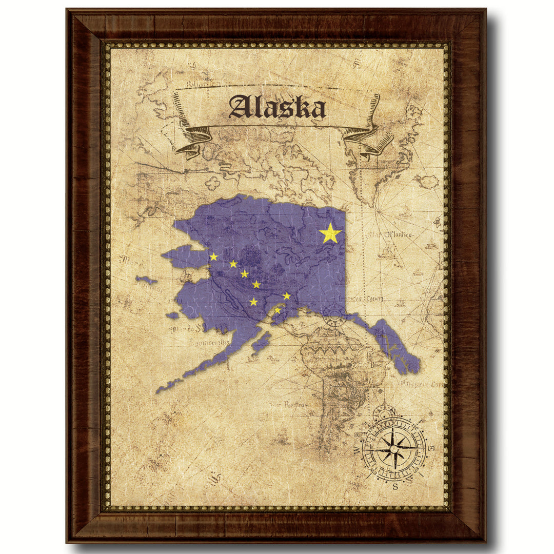 Alaska State Flag  Vintage Map Canvas Print with Picture Frame  Wall Art Decoration Gift Ideas Image 1