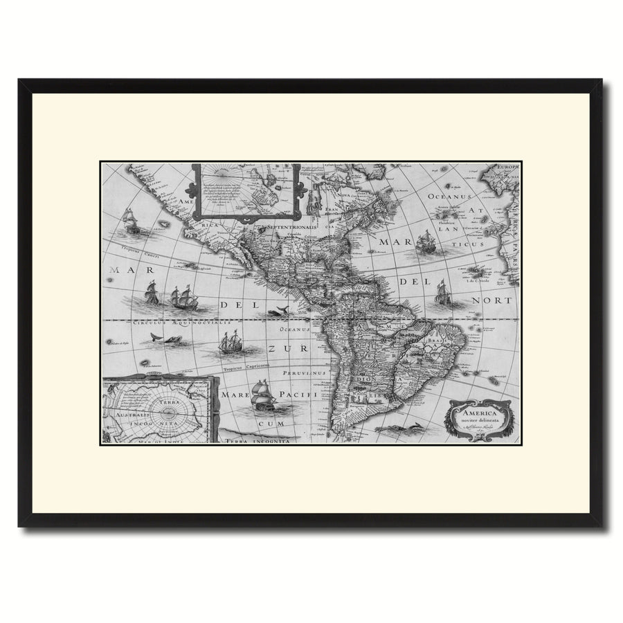 America Vintage BandW Map Canvas Print with Picture Frame  Wall Art Gift Ideas Image 1
