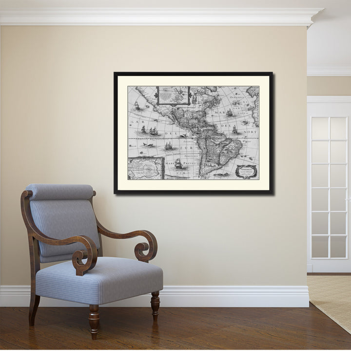 America Vintage BandW Map Canvas Print with Picture Frame  Wall Art Gift Ideas Image 2