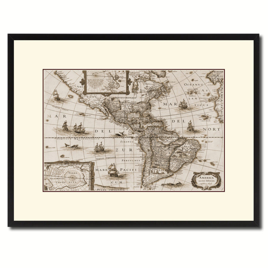 America Vintage Sepia Map Canvas Print with Picture Frame Gifts  Wall Art Decoration Image 1