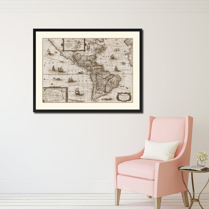 America Vintage Sepia Map Canvas Print with Picture Frame Gifts  Wall Art Decoration Image 2