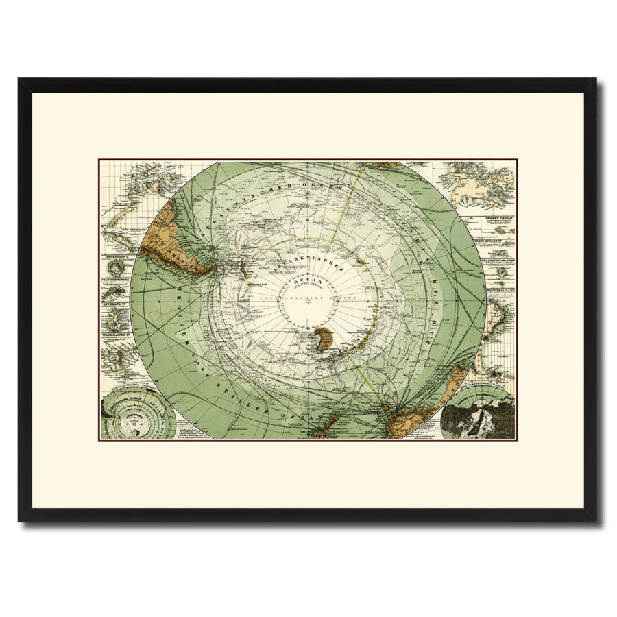 Antarctica South Pole Vintage Antique Map Wall Art  Gift Ideas Canvas Print Custom Picture Frame Image 1