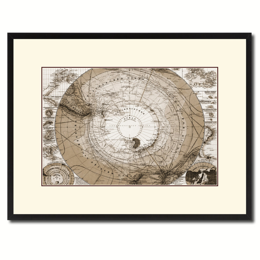 Antarctica South Pole Vintage Sepia Map Canvas Print with Picture Frame Gifts  Wall Art Decoration Image 1