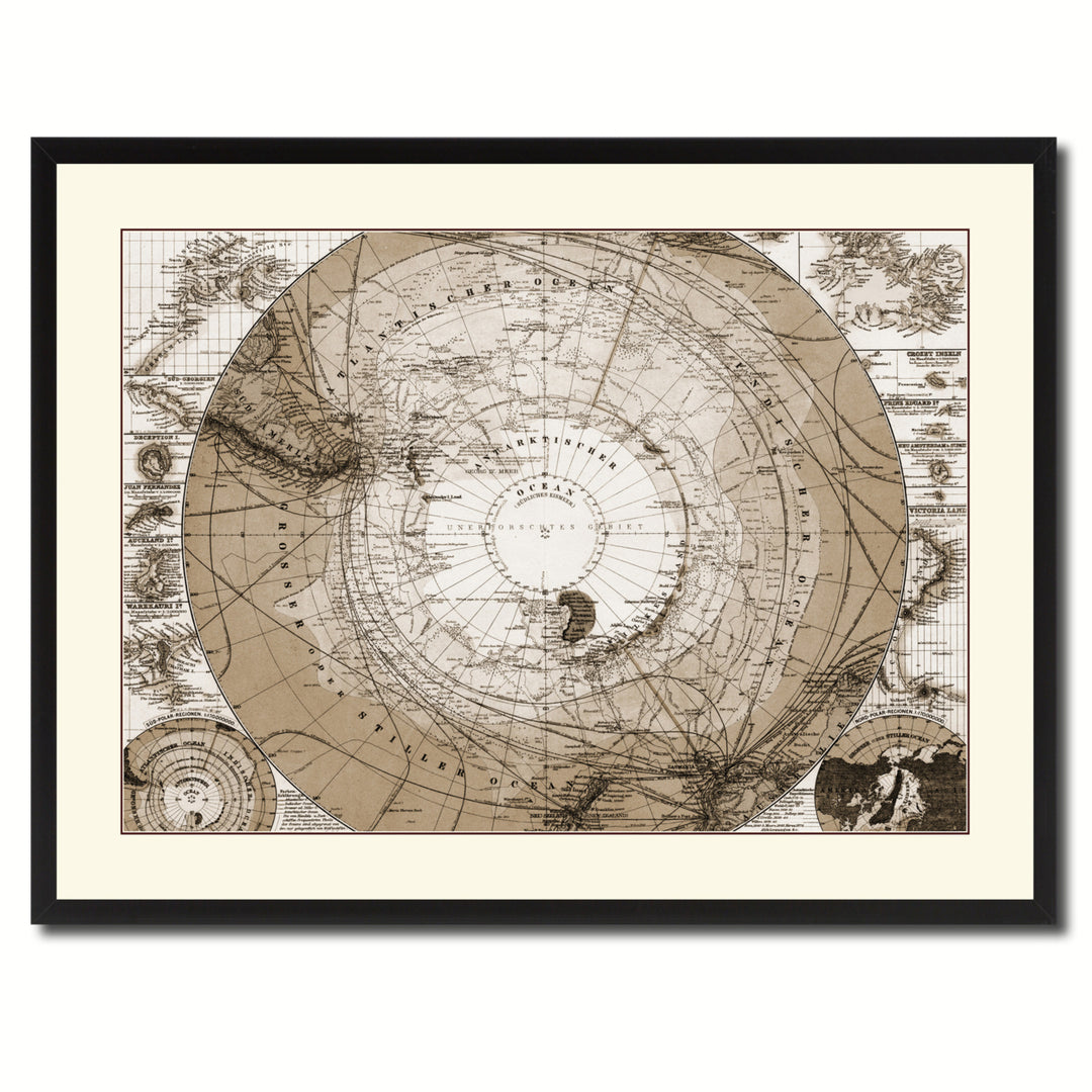 Antarctica South Pole Vintage Sepia Map Canvas Print with Picture Frame Gifts  Wall Art Decoration Image 3