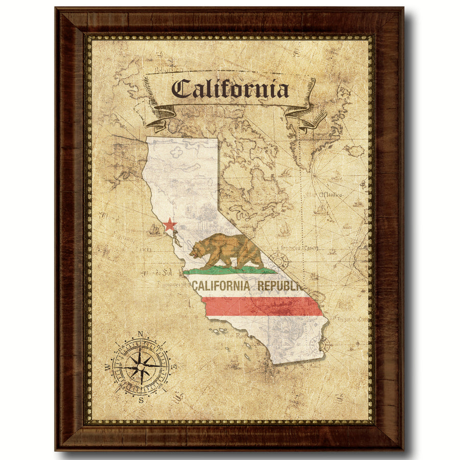 California State Flag  Vintage Map Canvas Print with Picture Frame  Wall Art Decoration Gift Ideas Image 1