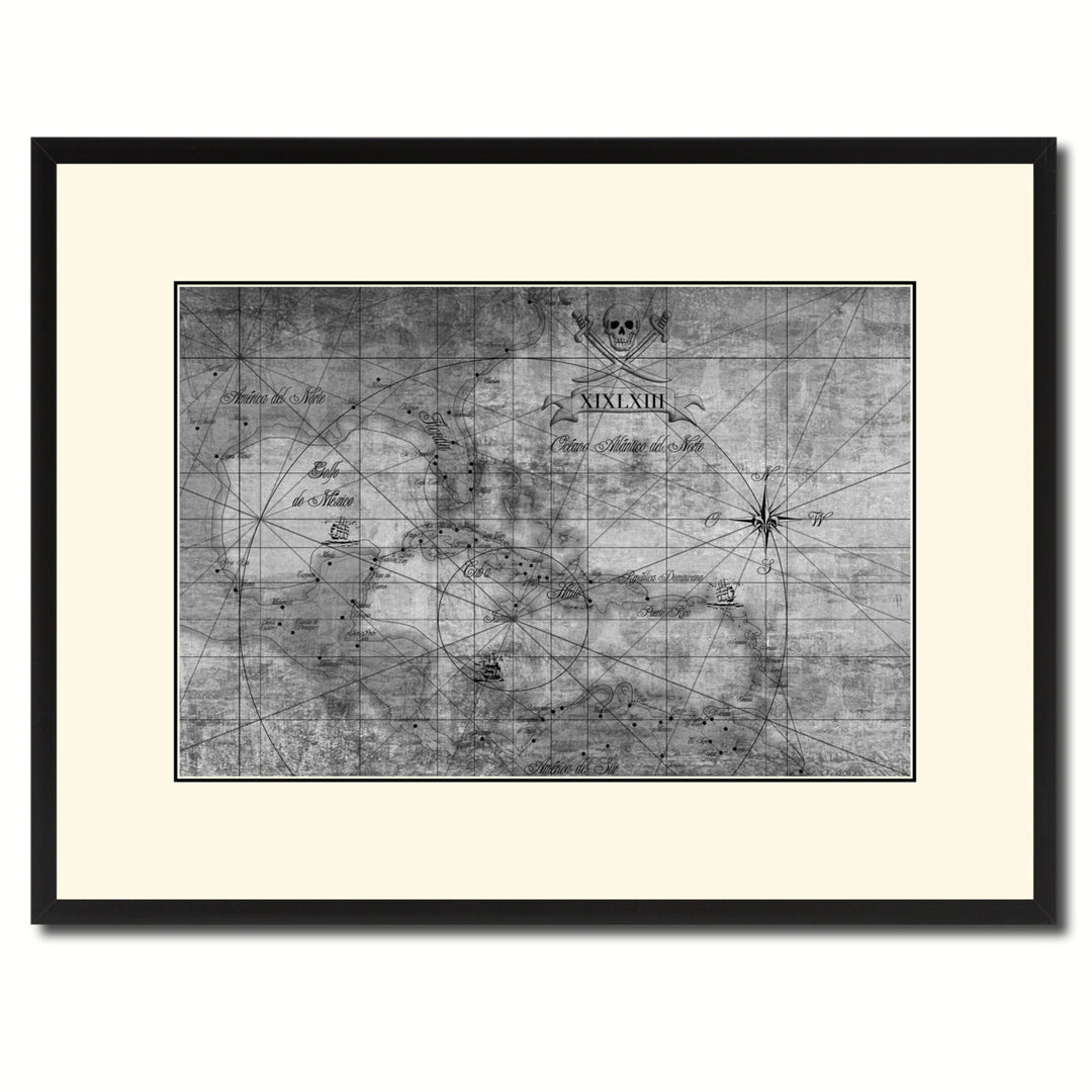 Caribbean Vintage BandW Map Canvas Print with Picture Frame  Wall Art Gift Ideas Image 1
