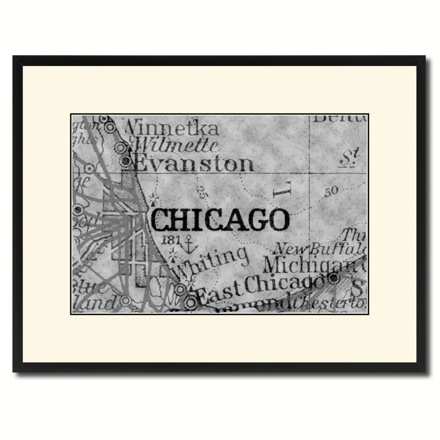 Chicago Illinois Vintage BandW Map Canvas Print with Picture Frame  Wall Art Gift Ideas Image 1