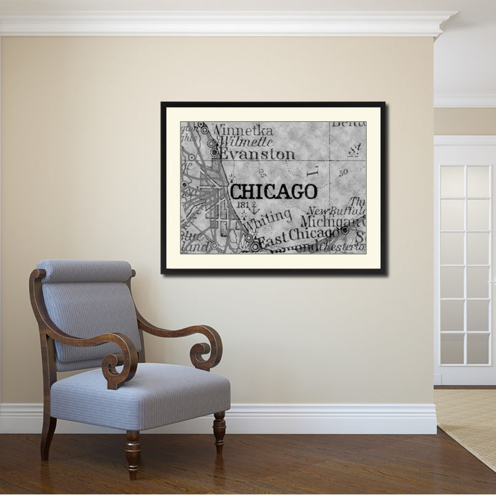 Chicago Illinois Vintage BandW Map Canvas Print with Picture Frame  Wall Art Gift Ideas Image 2