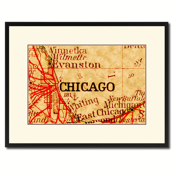 Chicago Illinois Vintage Antique Map Wall Art  Gift Ideas Canvas Print Custom Picture Frame Image 1
