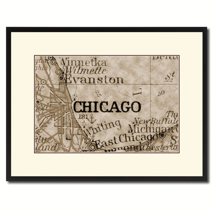 Chicago Illinois Vintage Sepia Map Canvas Print with Picture Frame Gifts  Wall Art Decoration Image 1