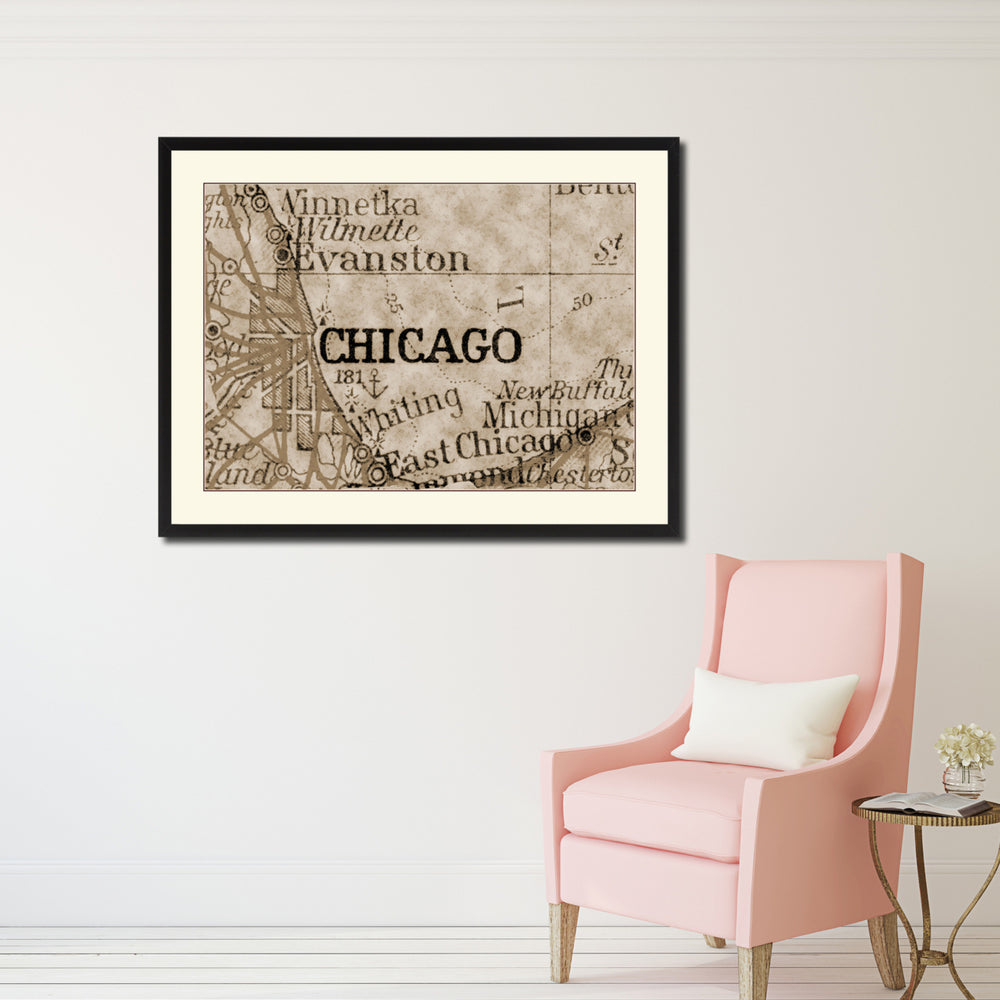 Chicago Illinois Vintage Sepia Map Canvas Print with Picture Frame Gifts  Wall Art Decoration Image 2