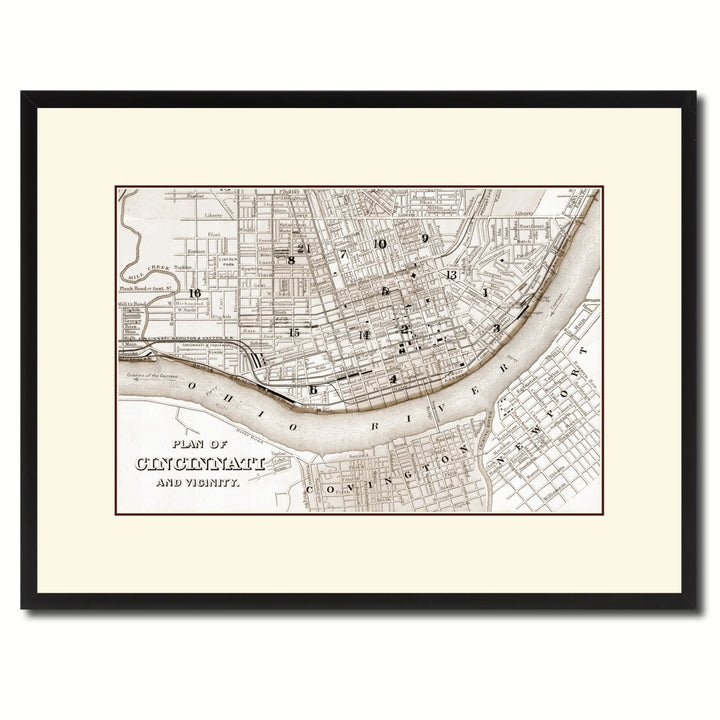 Cincinnati Vintage Sepia Map Canvas Print with Picture Frame Gifts  Wall Art Decoration Image 1