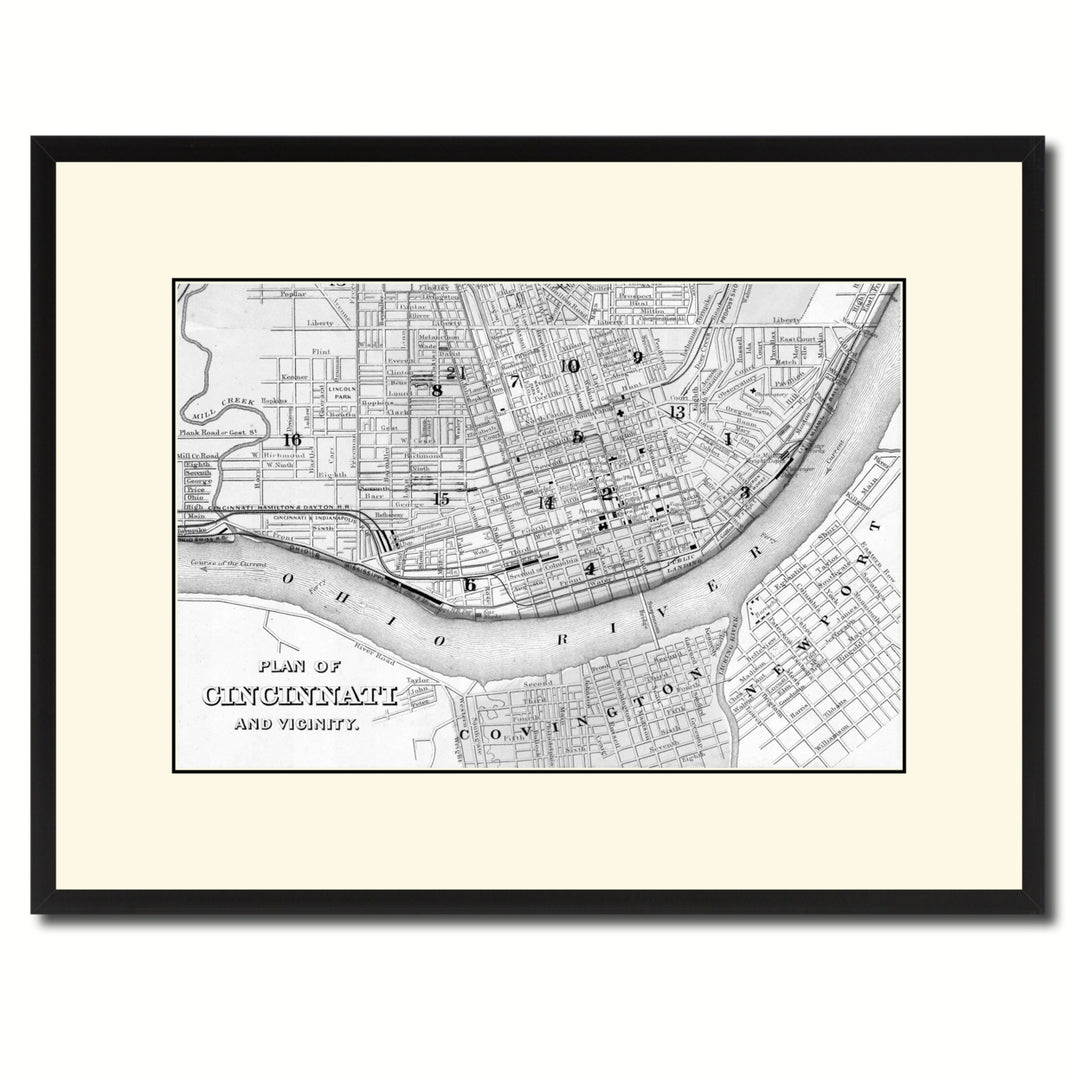 Cincinnati Vintage BandW Map Canvas Print with Picture Frame  Wall Art Gift Ideas Image 1