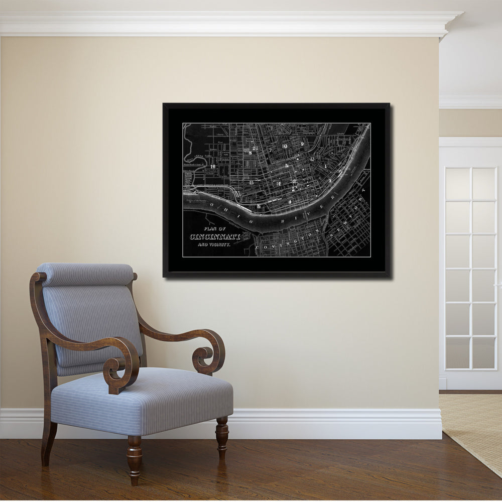 Cincinnati Vintage Monochrome Map Canvas Print with Gifts Picture Frame  Wall Art Image 2