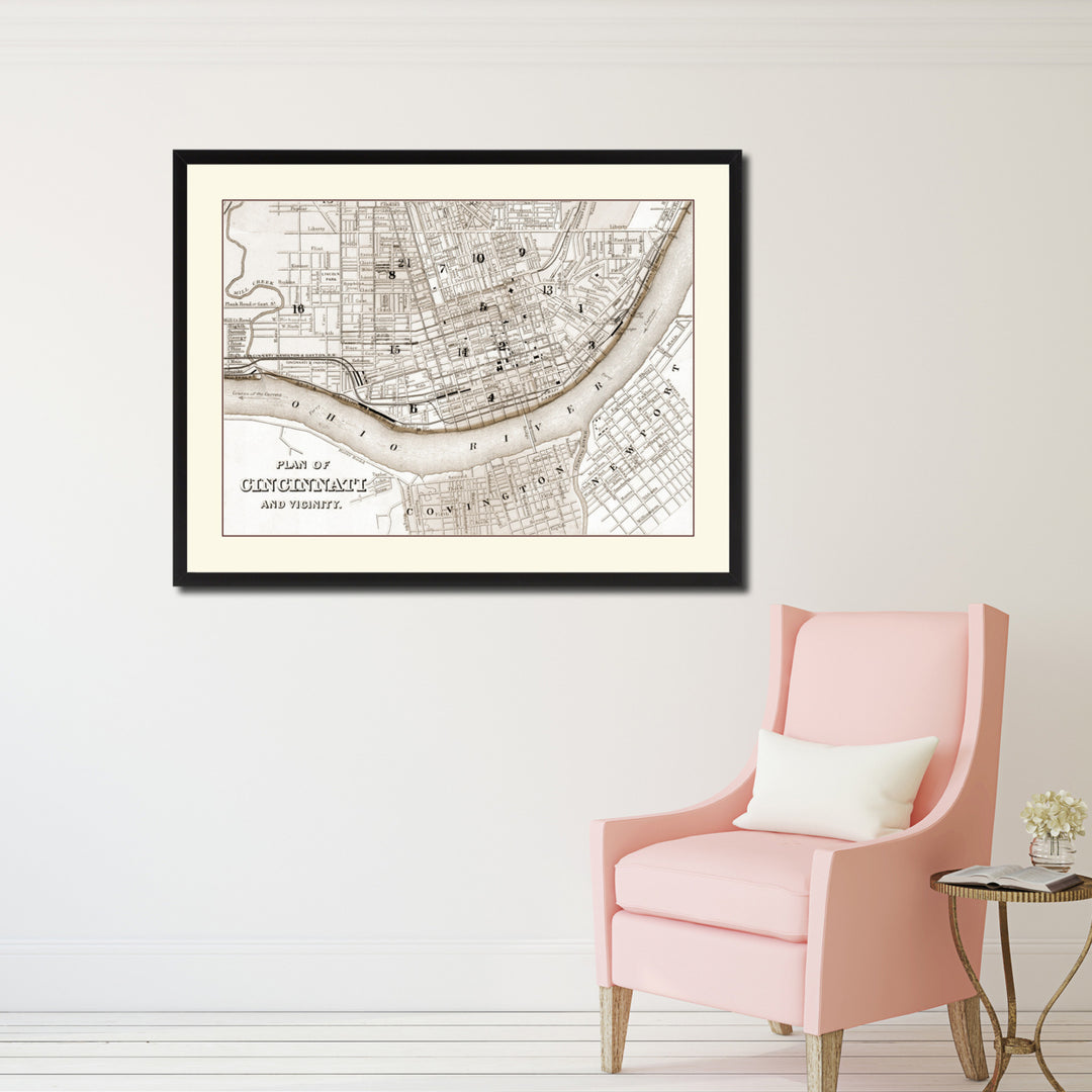 Cincinnati Vintage Sepia Map Canvas Print with Picture Frame Gifts  Wall Art Decoration Image 2