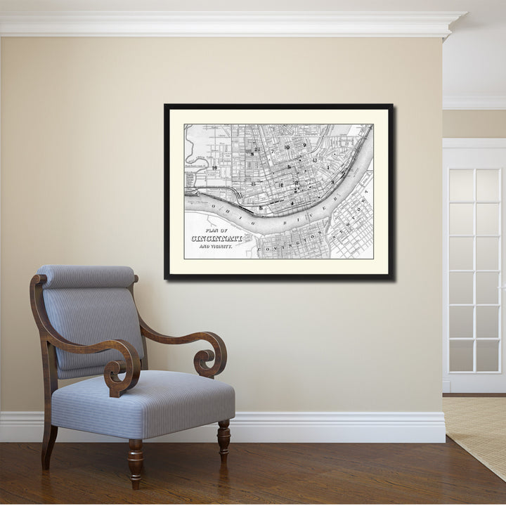 Cincinnati Vintage BandW Map Canvas Print with Picture Frame  Wall Art Gift Ideas Image 2