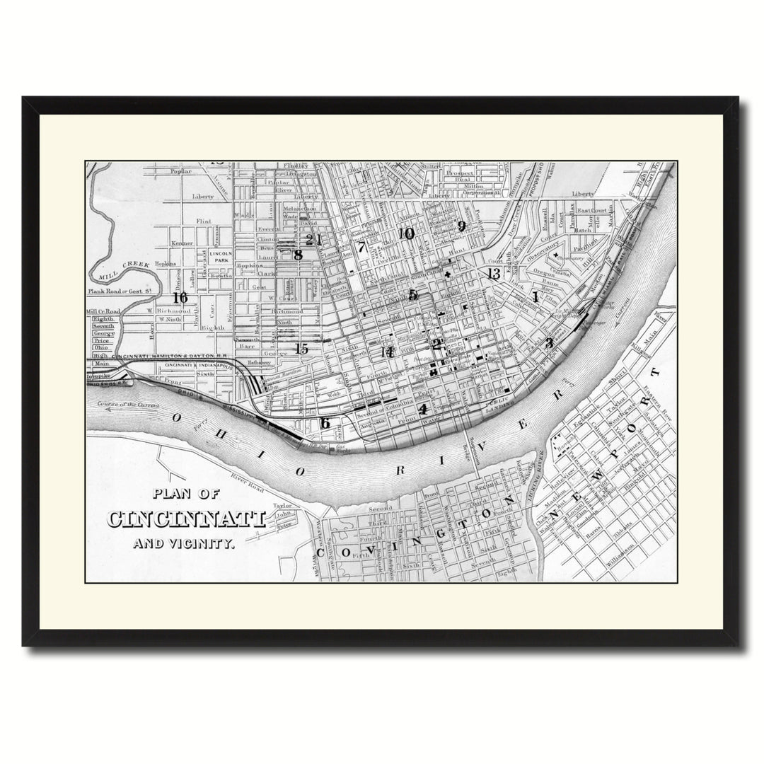 Cincinnati Vintage BandW Map Canvas Print with Picture Frame  Wall Art Gift Ideas Image 3