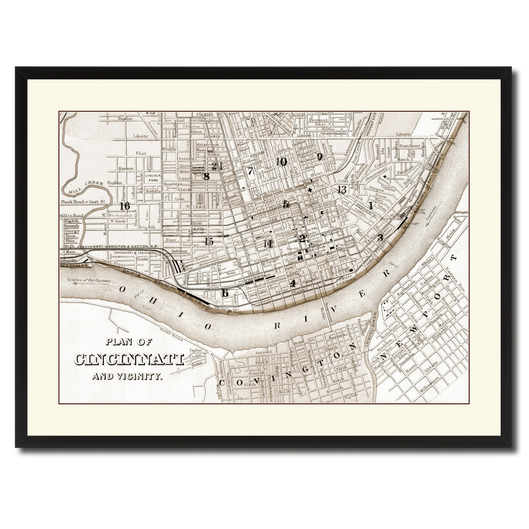 Cincinnati Vintage Sepia Map Canvas Print with Picture Frame Gifts  Wall Art Decoration Image 3