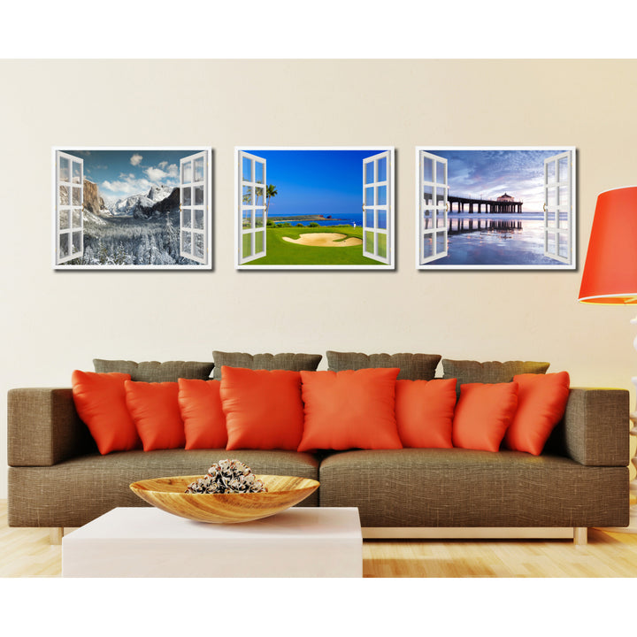 Coastal Golf Course Picture 3D French Window Canvas Print  Wall Frames Image 3