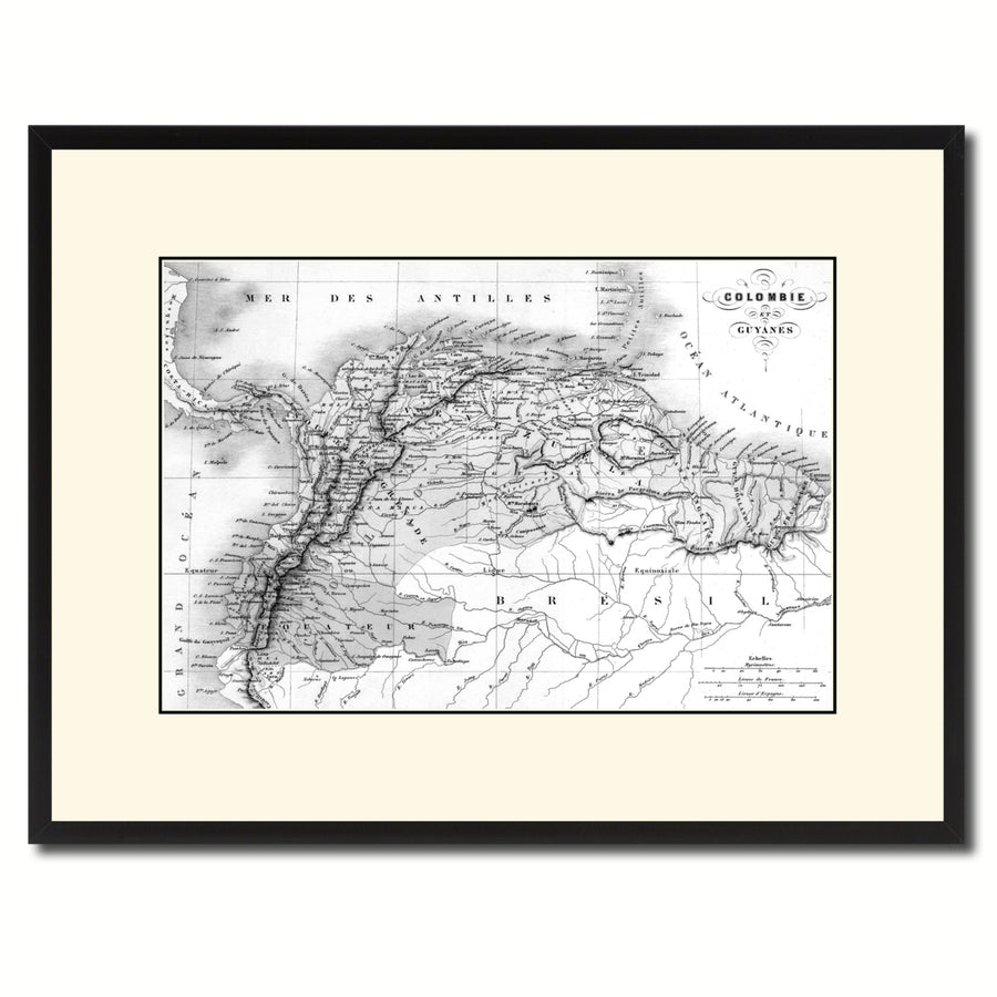 Columbia Venezuela Guianna Vintage BandW Map Canvas Print with Picture Frame  Wall Art Gift Ideas Image 1