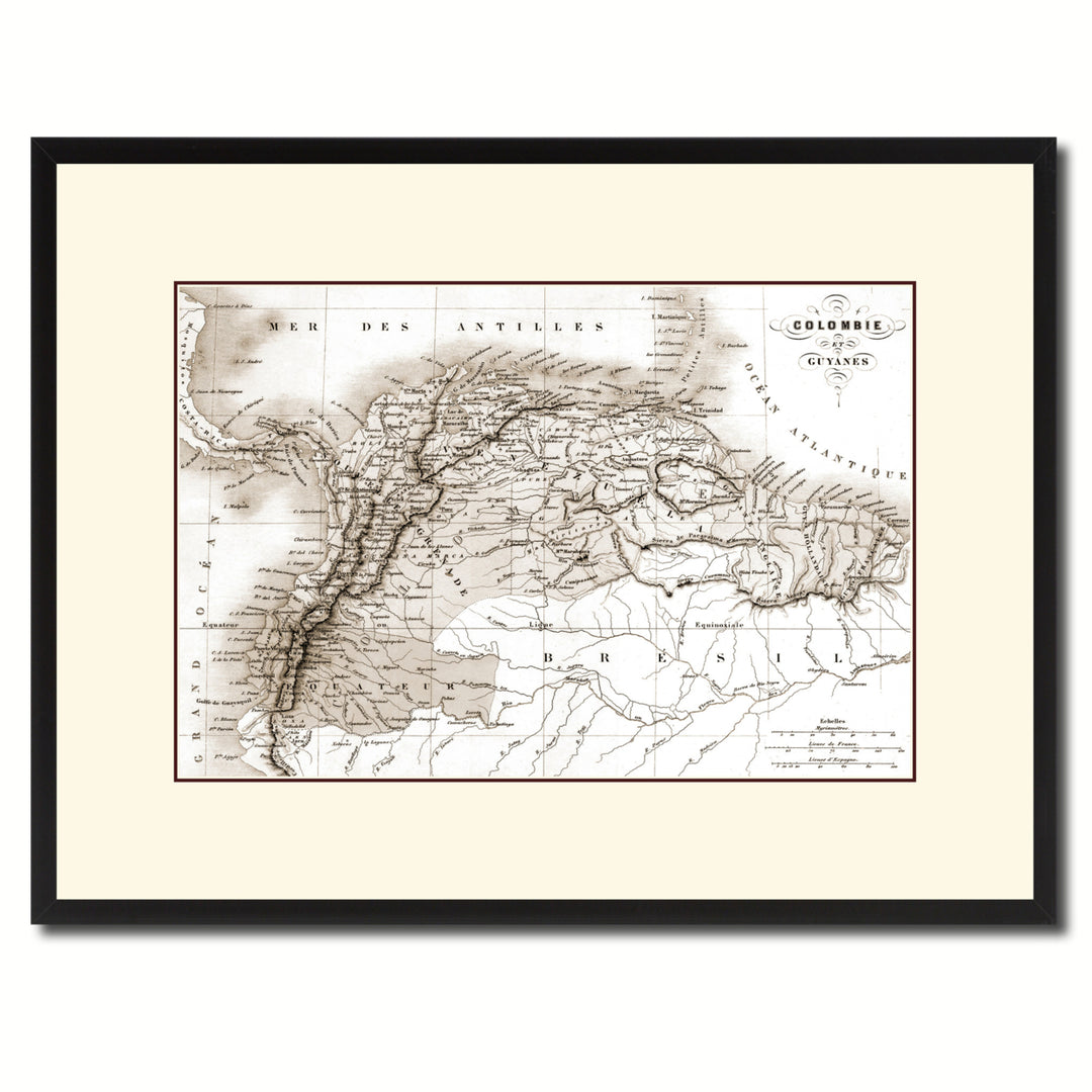 Columbia Venezuela Guianna Vintage Sepia Map Canvas Print with Picture Frame Gifts  Wall Art Image 1