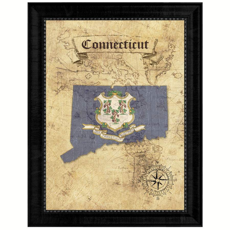 Connecticut State Flag  Vintage Map Canvas Print with Picture Frame  Wall Art Decoration Gift Ideas Image 1