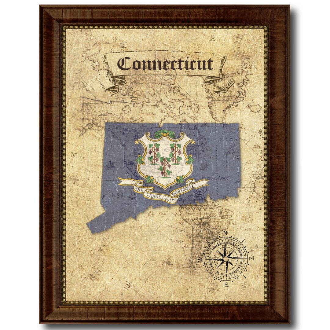 Connecticut State Flag  Vintage Map Canvas Print with Picture Frame  Wall Art Decoration Gift Ideas Image 1