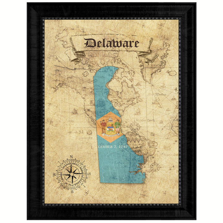 Delaware State Flag  Vintage Map Canvas Print with Picture Frame  Wall Art Decoration Gift Ideas Image 1