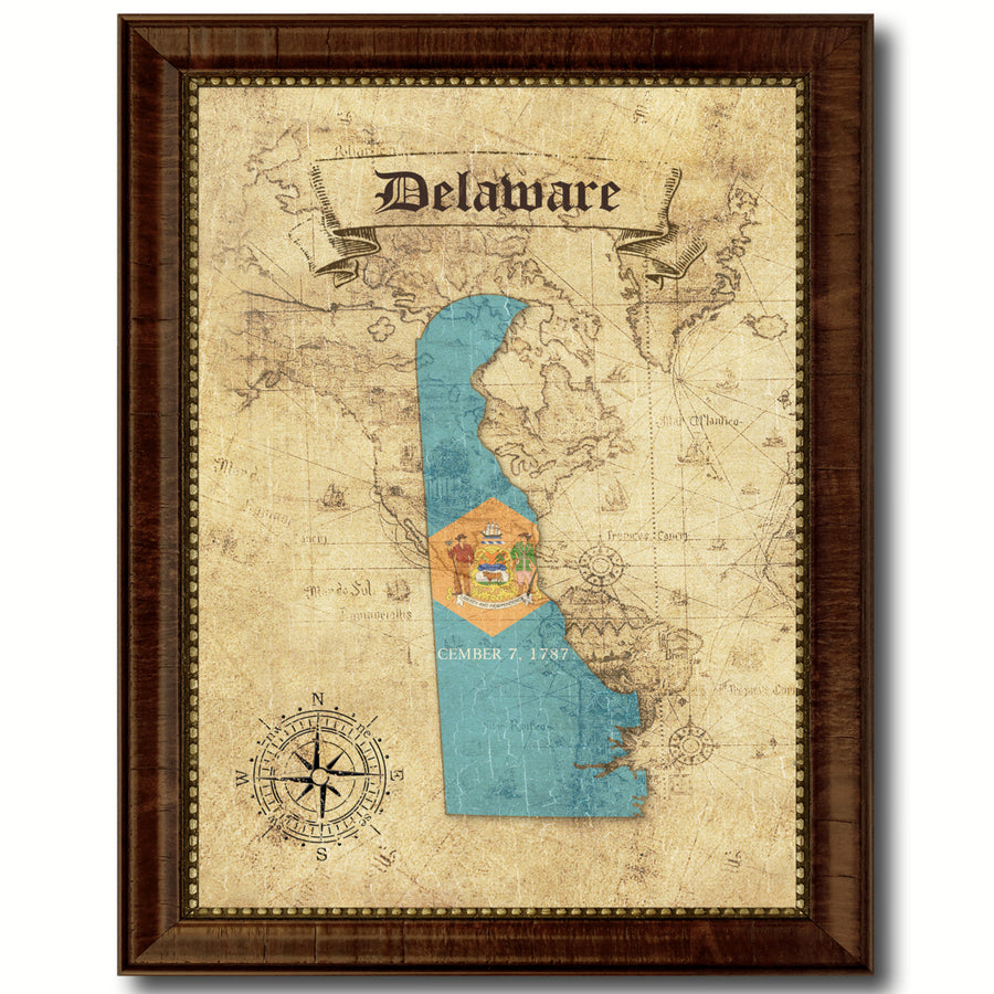 Delaware State Flag  Vintage Map Canvas Print with Picture Frame  Wall Art Decoration Gift Ideas Image 1