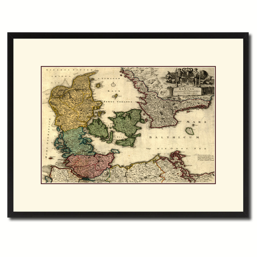 Denmark Centuries Vintage Antique Map Wall Art  Gift Ideas Canvas Print Custom Picture Frame Image 1