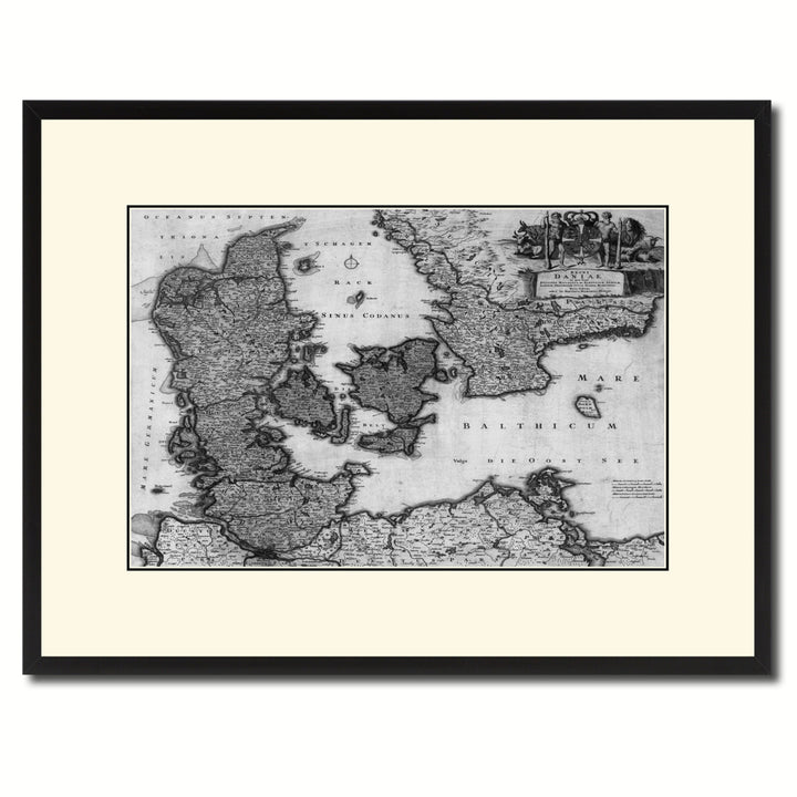 Denmark Centuries Vintage BandW Map Canvas Print with Picture Frame  Wall Art Gift Ideas Image 1